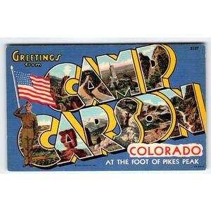 Greetings From Camp Carson Colorado Large Letter Linen Postcard Soldier US Flag